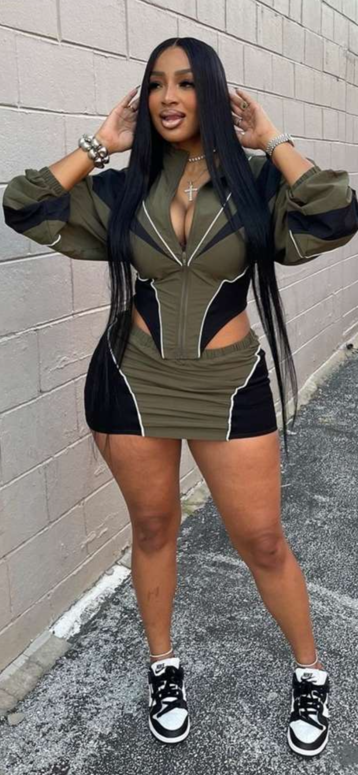 Green Zipper Jacket Skirt Set